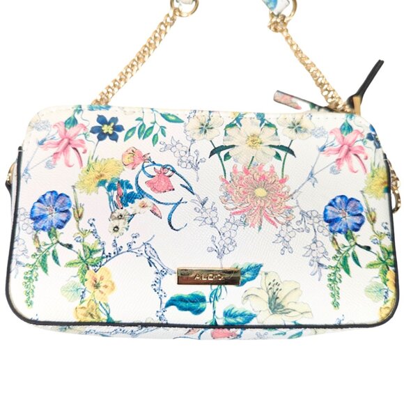 Aldo Flora Small Crossbody Purse w/Chain Strap White Floral Print - Picture 2 of 9
